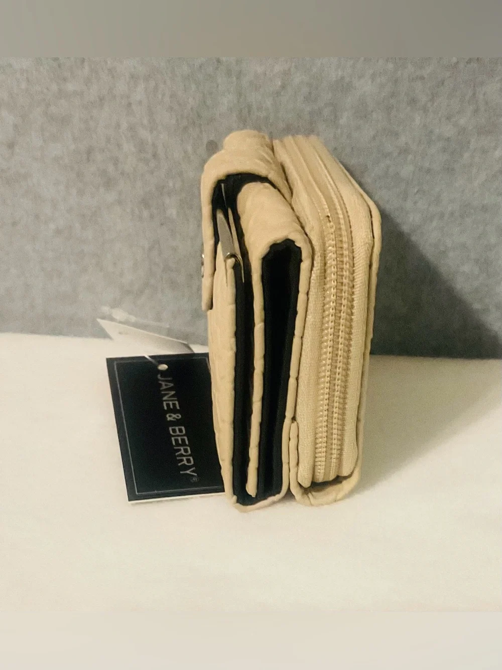 Jane & Barry Quilted Beige Compact Wallet with Gold Accent